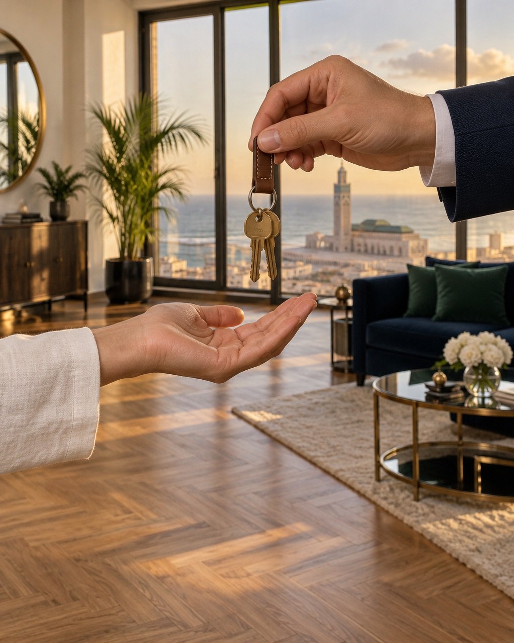 Remise des clés d'un appartement rénové et meublé à Casablanca, vue sur la mosquée Hassan II