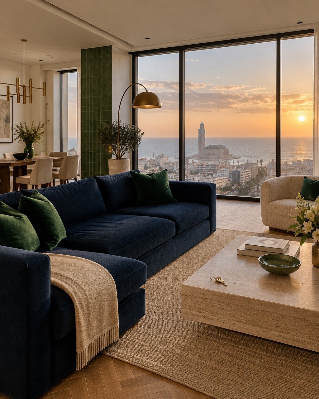 Appartement rénové et meublé avec vue sur la mosquée Hassan II au coucher du soleil