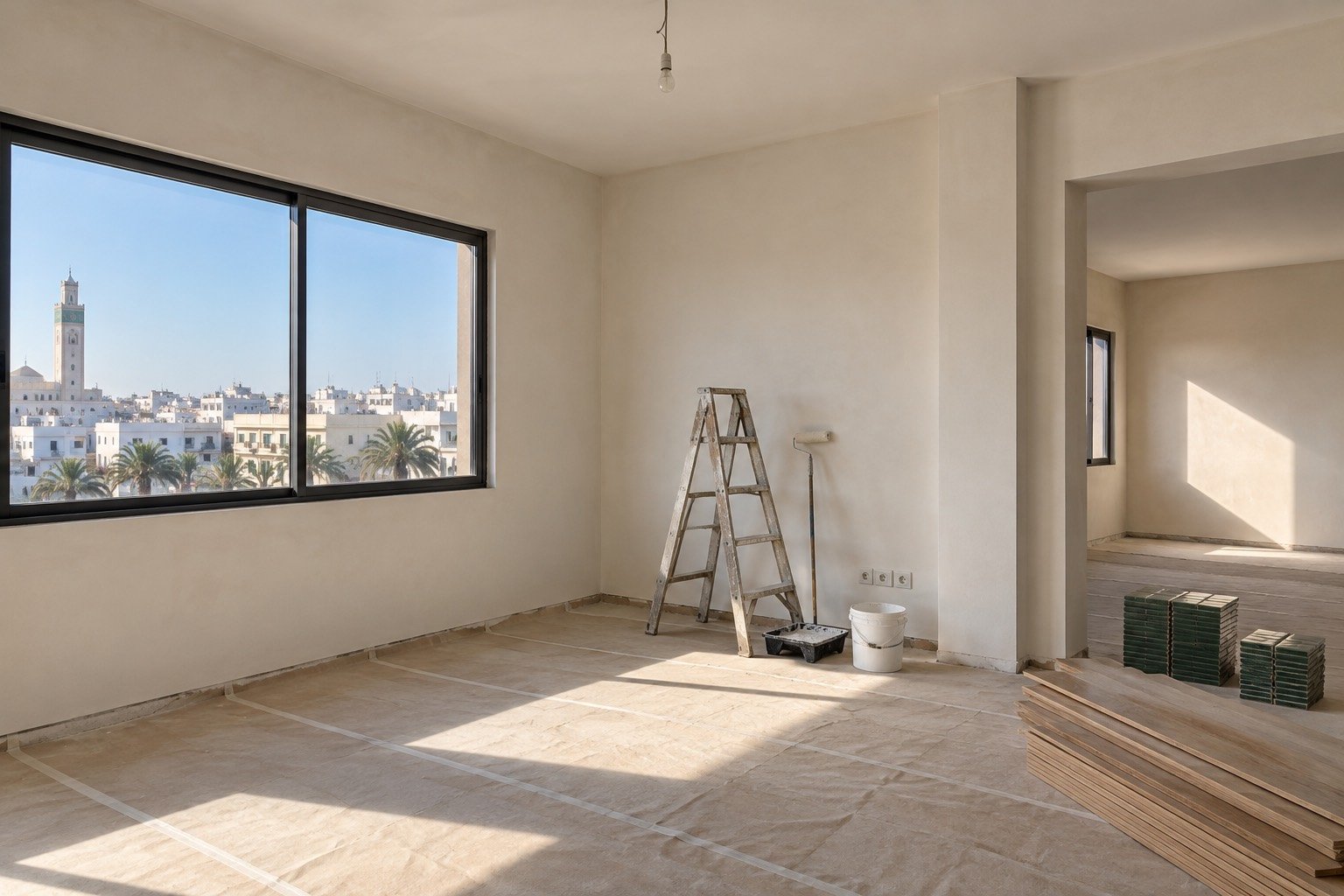 Travaux en cours dans le même appartement : enduits, parquet en chêne et zellige vert